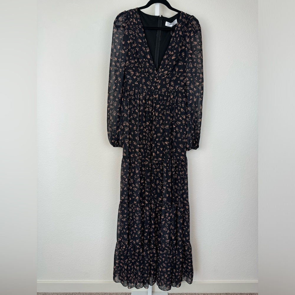 Mac Duggal Black Floral Long Sleeve Chiffon A-Line Gown Sz 2 NEW - Picture 3 of 14